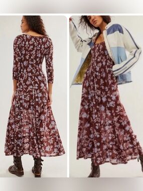 Free People Fate Smocked Floral Ruffle Boho Long Sleeve Cottagecore Midi Dress S